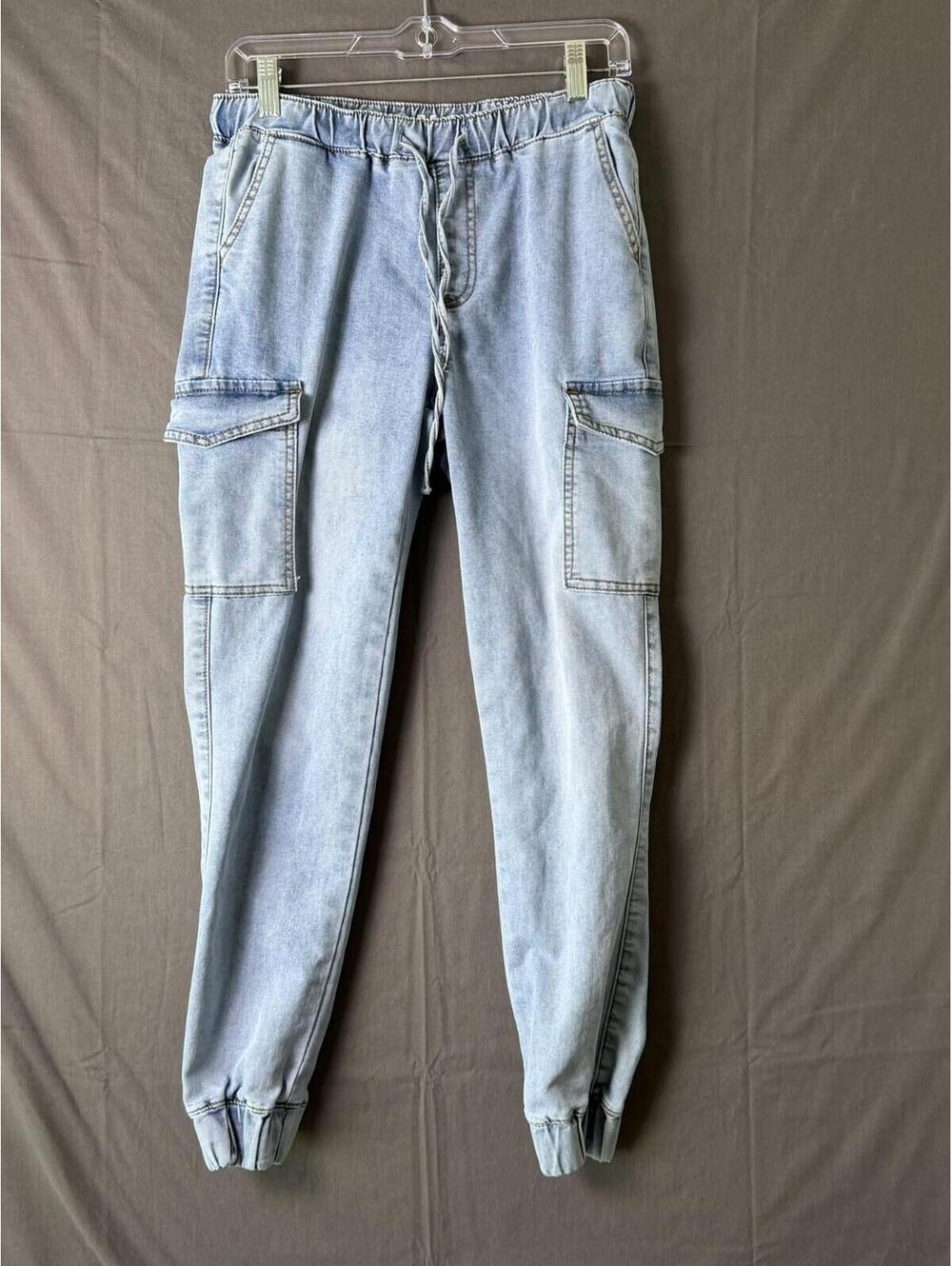 SONG Jeans Cargo Pants Womens Size 3 Light Wash Denim Joggers Elastic Waist